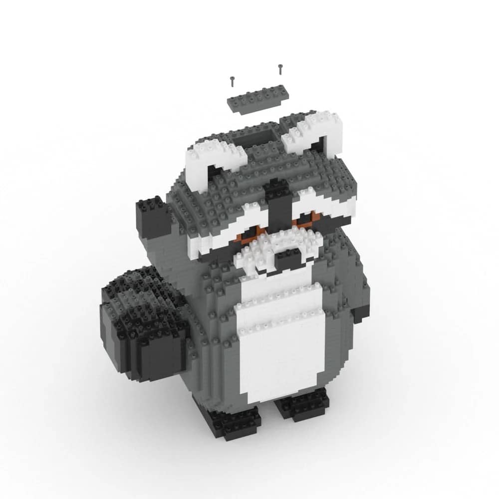 Raccoon figurine made of interlocking bricks on a white background