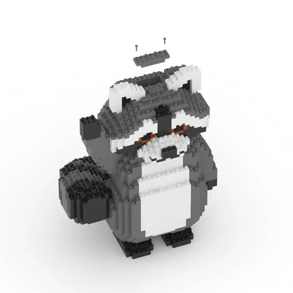 Raccoon figurine made of interlocking bricks on a white background