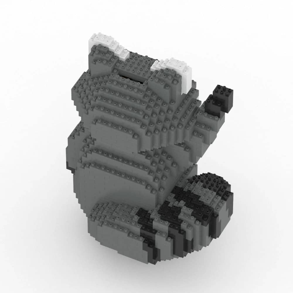 Raccoon figurine made of interlocking bricks on a white background