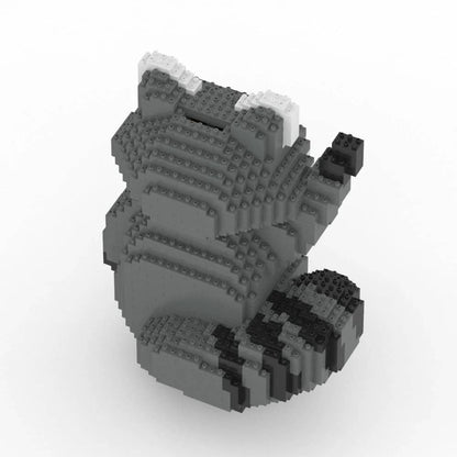 Raccoon figurine made of interlocking bricks on a white background