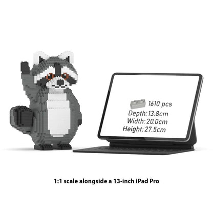 Brick-built raccoon figure next to a 13-inch iPad Pro for scale