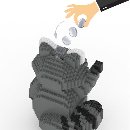 Raccoon figurine made of interlocking bricks on a white background