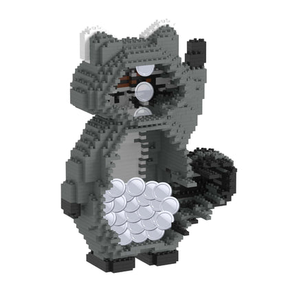 Raccoon figurine made of interlocking bricks on a white background