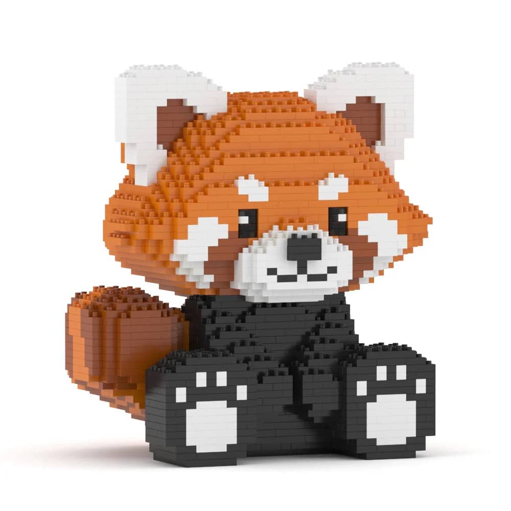 Toy figure of a red panda made from interlocking bricks on a white background