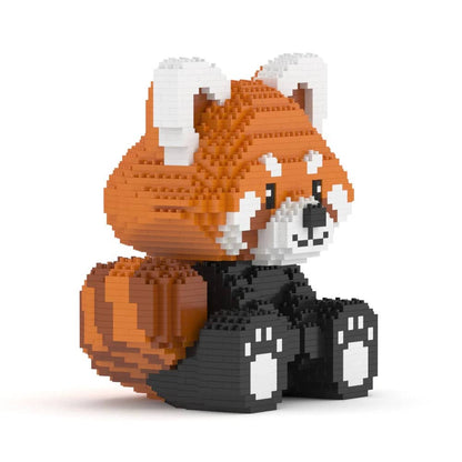 Toy figure of a red panda made from interlocking bricks on a white background