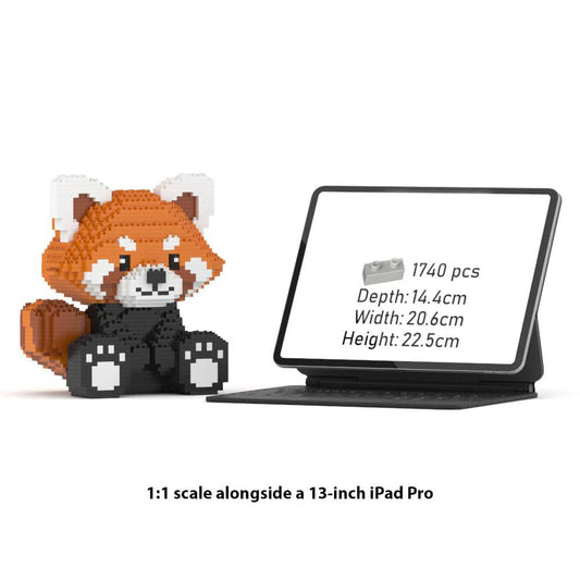 Brick-built red panda toy next to a 13-inch iPad Pro for scale