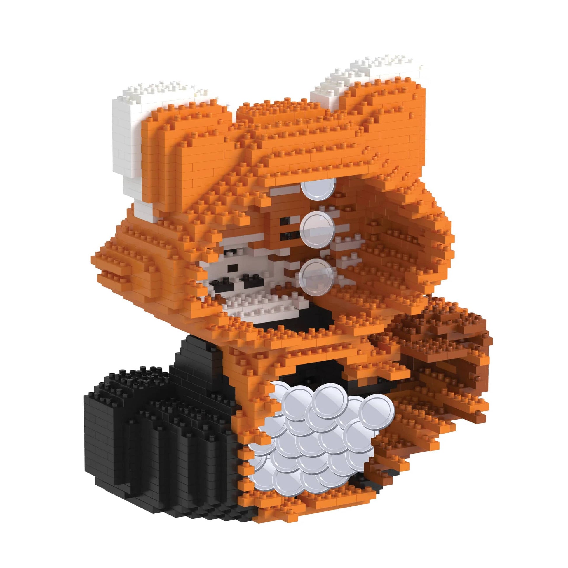 Toy red panda made of interlocking bricks on a white background