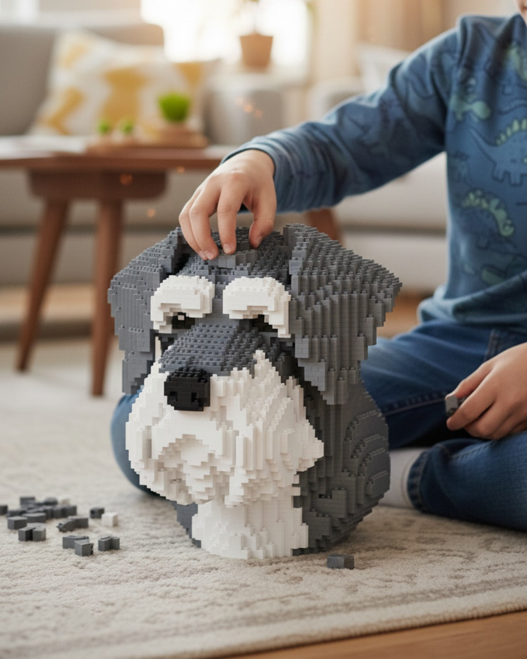 schnauzer building blocks bust sculpture