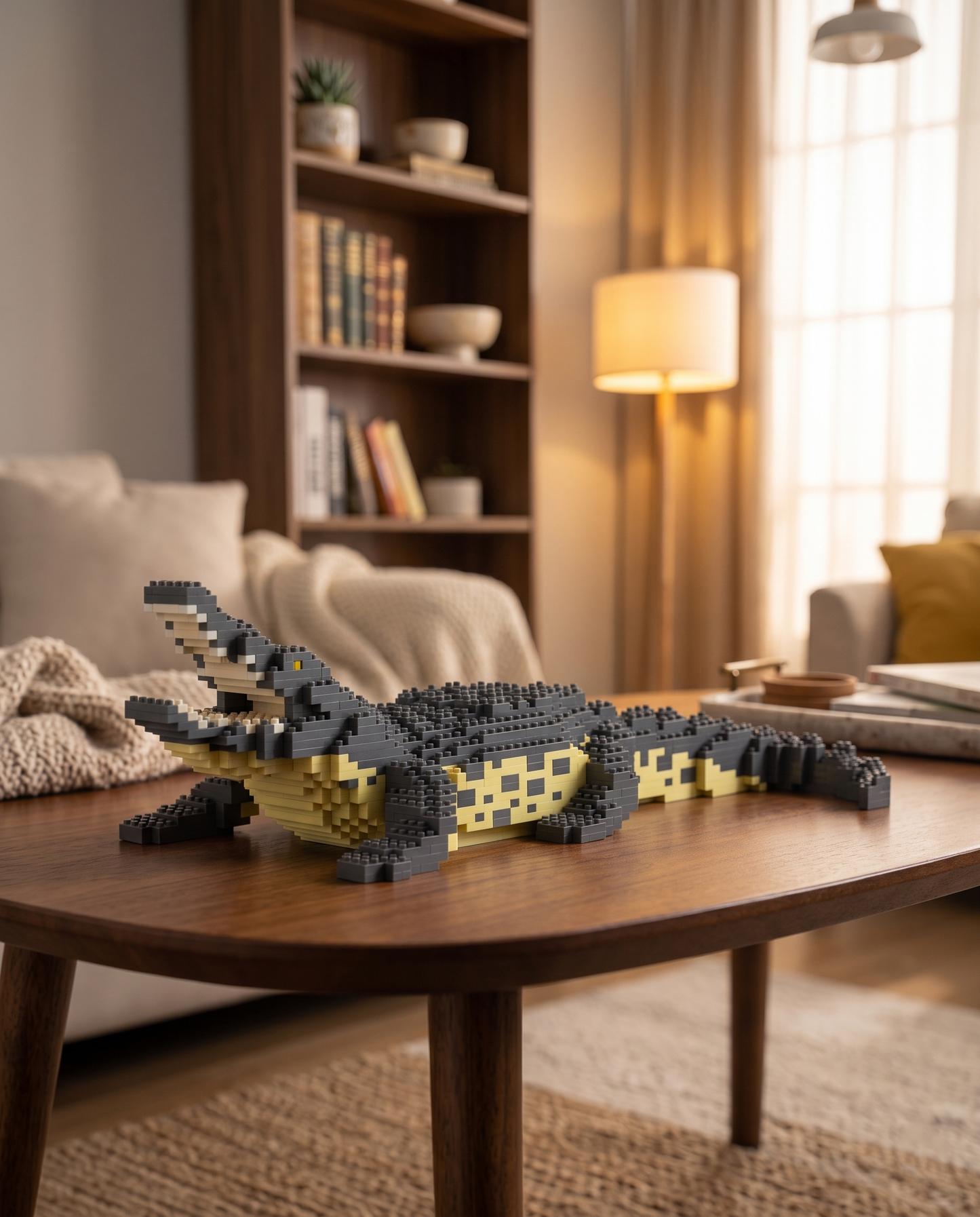 A crocodile-shaped building block model in dark gray and yellow sits on a wooden coffee table in a cozy, softly lit living room with a bookshelf and lamp in the background.
