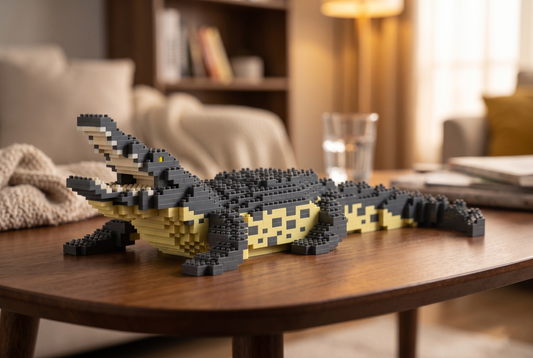 Crocodile made of interlocking blocks on the table in the cozy room
