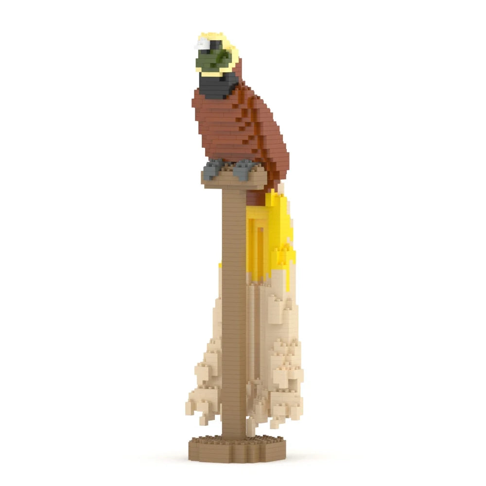 Model of a bird of paradise made from interlocking bricks on a white background