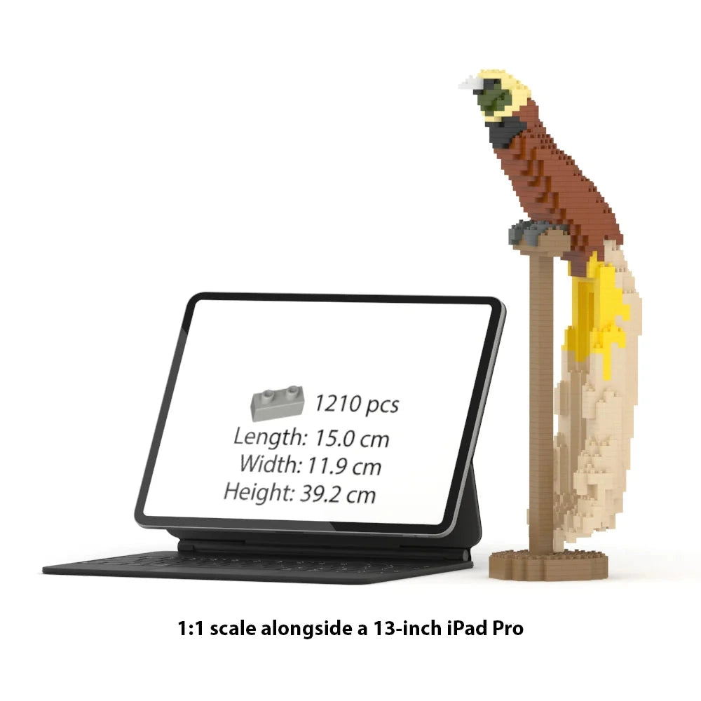 LEGO style Bird of Paradise model next to a 13-inch iPad Pro tablet displaying product details on a white background