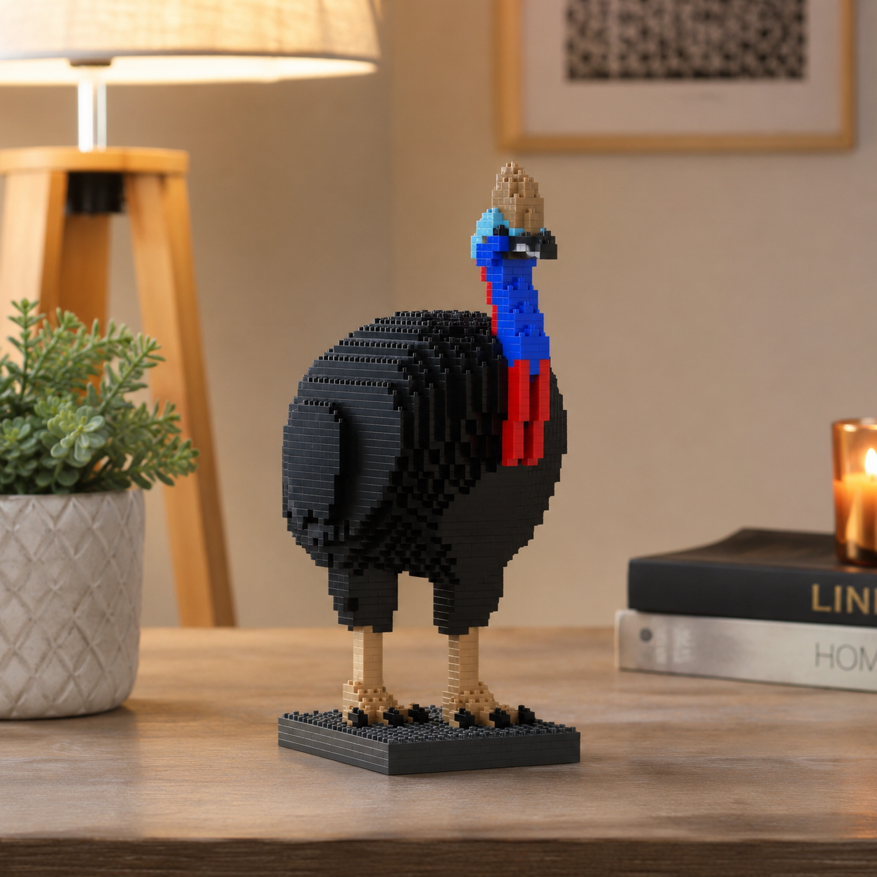A cassowary bird sculpture built from black interlocking blocks, with a blue, red, and tan head and neck, standing on a black base on a wooden table in a warmly lit room.