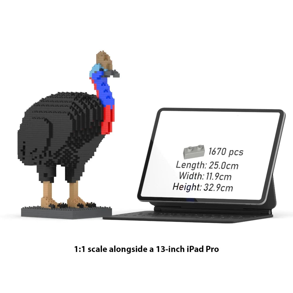 A 1:1 scale brick building toy model of a cassowary bird, shown next to a 13-inch iPad Pro displaying the product specifications on a white background.