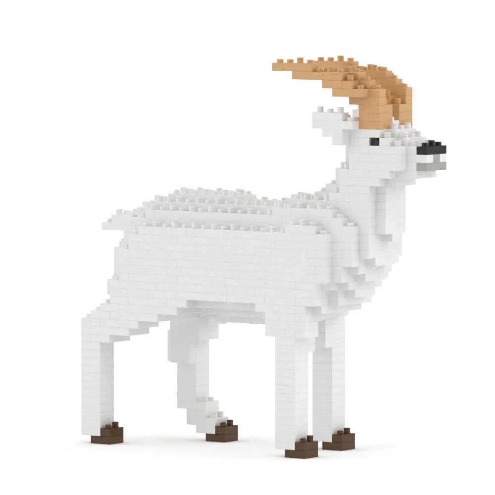 Model of a Goat made from interlocking bricks on a white background