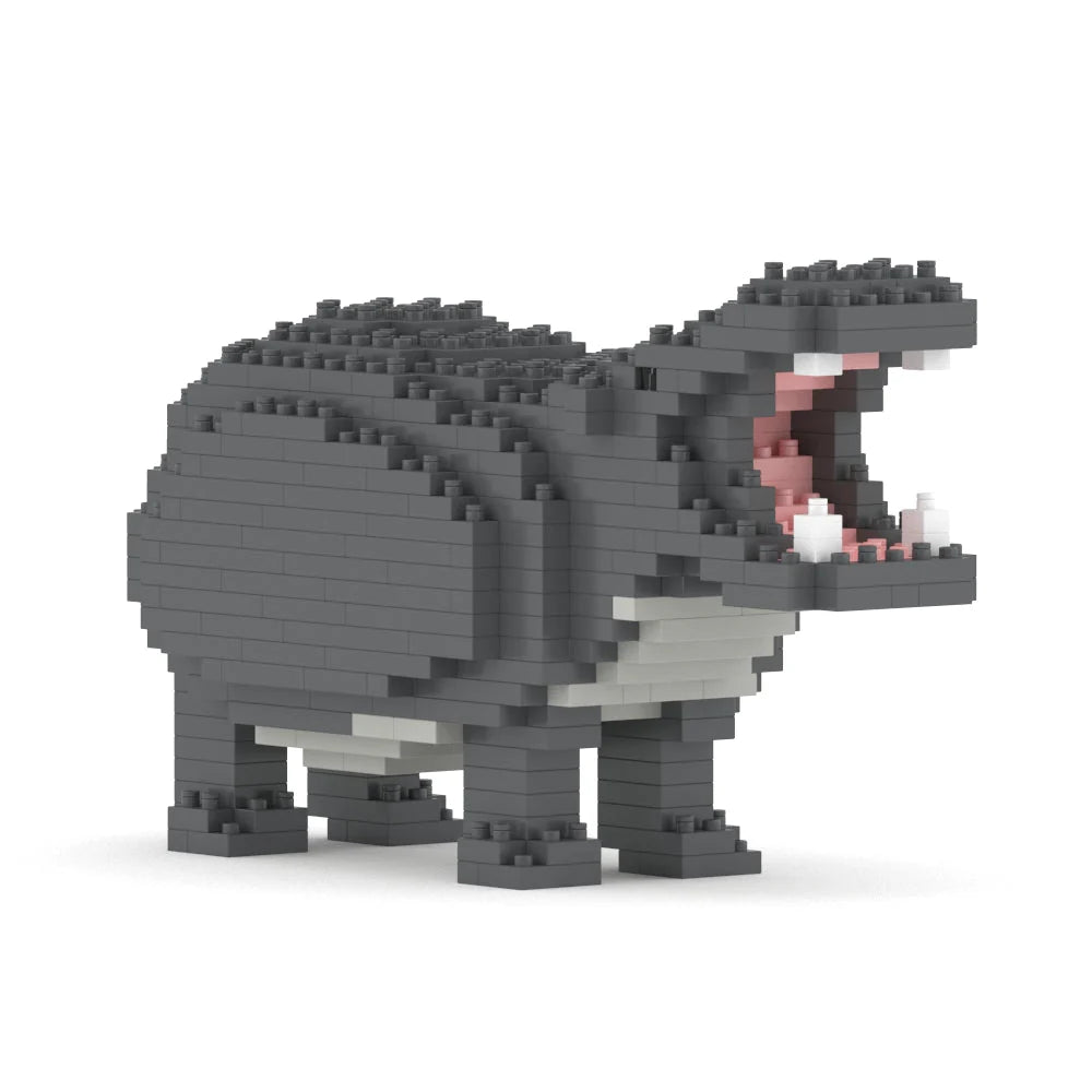 Model of a hippo made from interlocking bricks on a white background