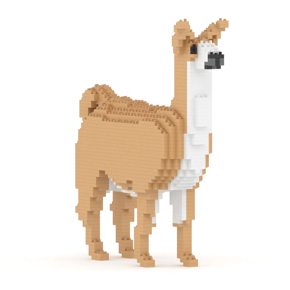 Model of a llama made from interlocking bricks on a white background