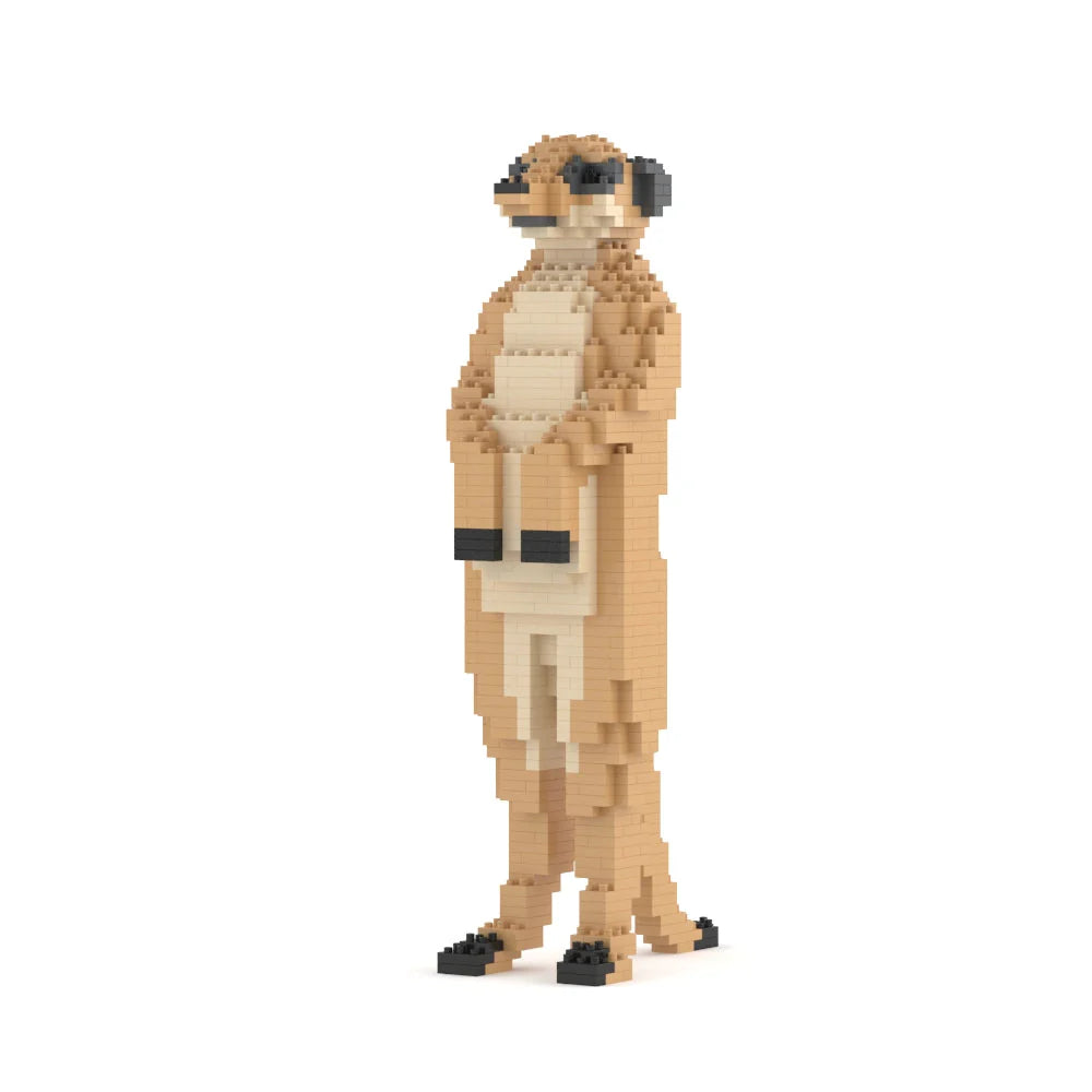 Toy figure of a meerkat made from small interlocking bricks on a white background