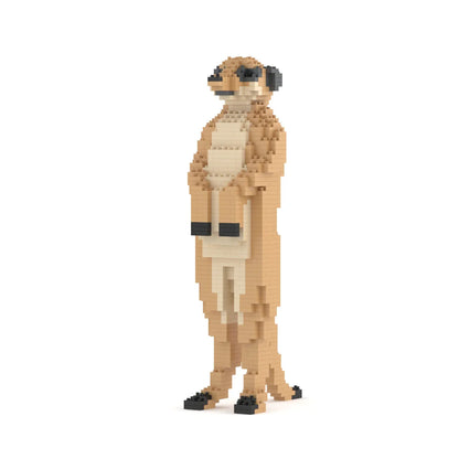 Toy figure of a meerkat made from small interlocking bricks on a white background