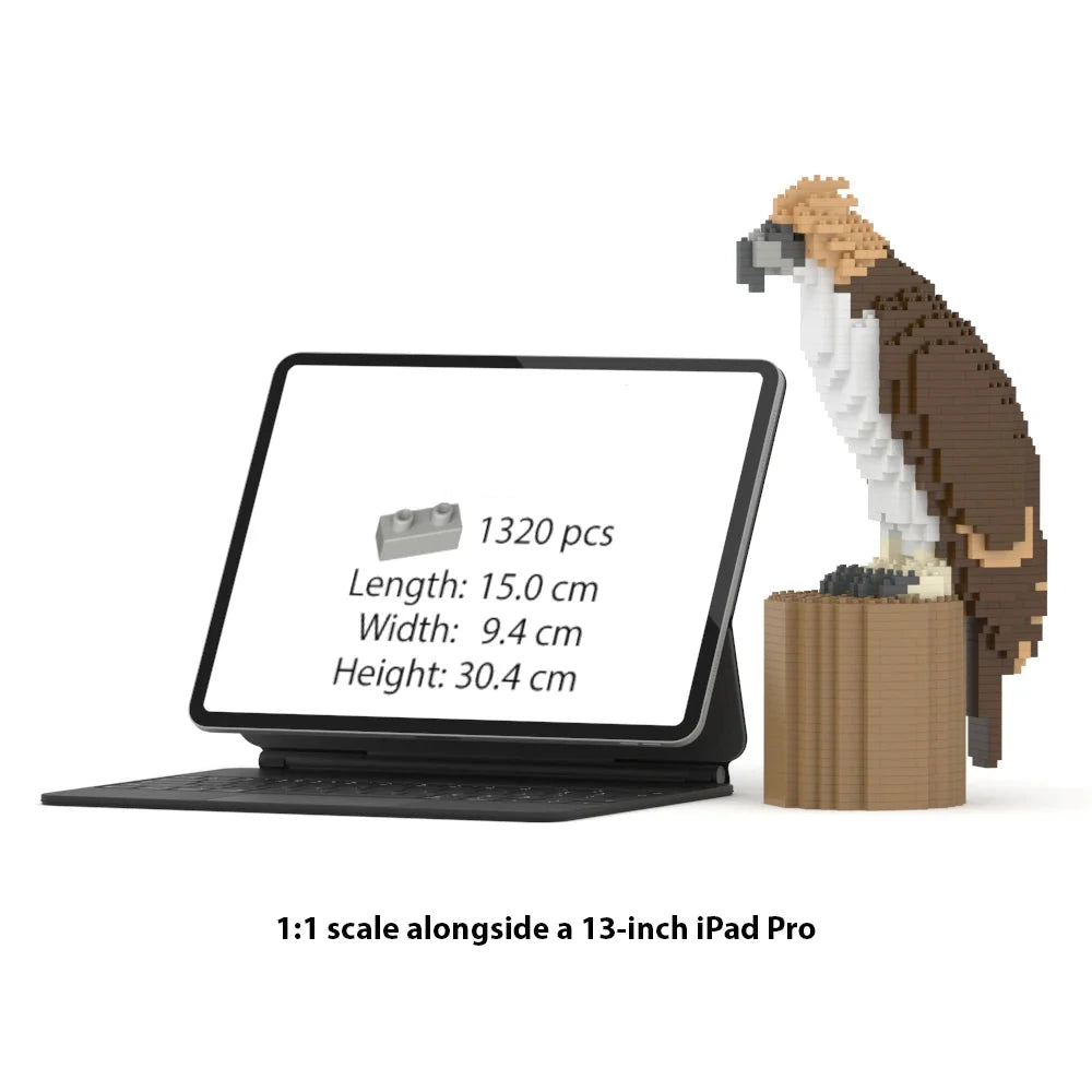 Jekca 1:1 scale brick building kit for an iPad Pro, shown with a tablet displaying product specs and a pixelated hawk model beside it on a white background.