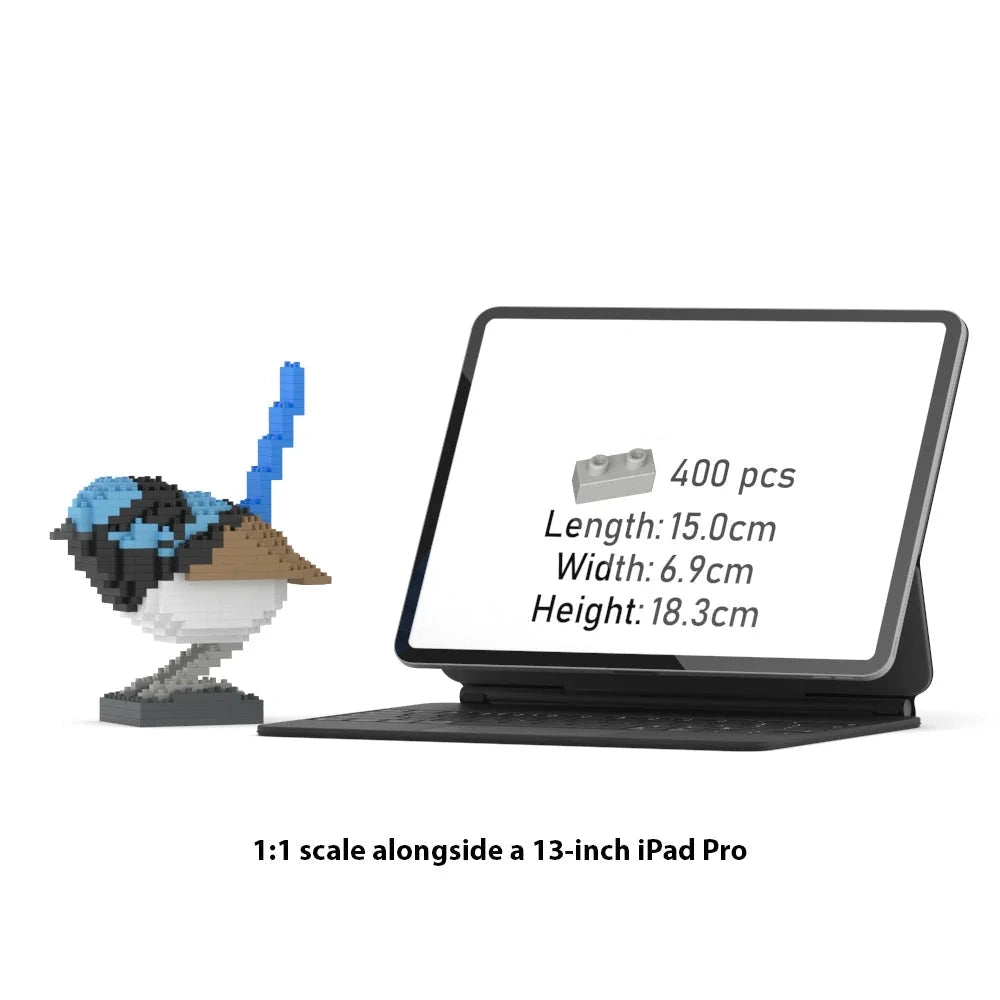 Small model figure next to a tablet displaying product details on a white background