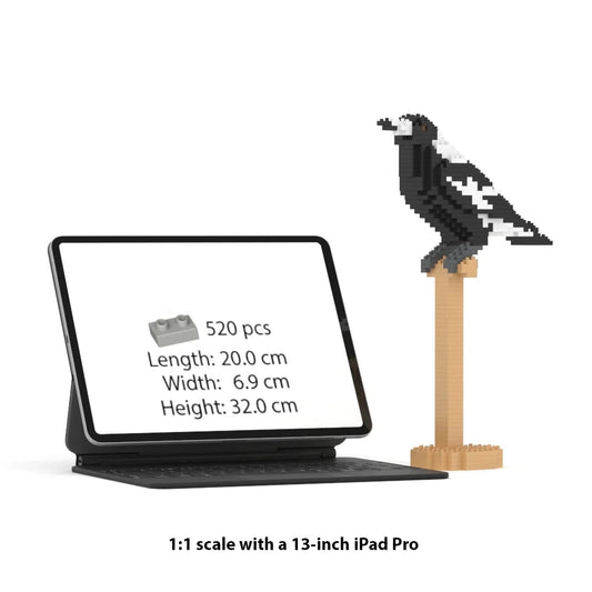 A brick building toy of Australian magpie set shown with a tablet displaying product details and a black-and-white bird model perched on a wooden stand. Text below reads '1:1 scale with a 13-inch iPad Pro'.