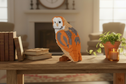 A small owl-shaped building block model stands on a wooden table in a cozy living room setting, surrounded by books, a potted plant, and a lit candle.