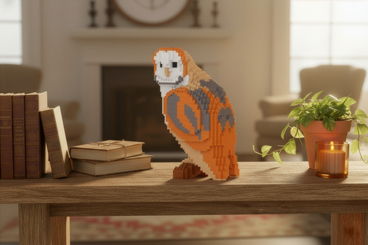 A small owl-shaped building block model stands on a wooden table in a cozy living room setting, surrounded by books, a potted plant, and a lit candle.