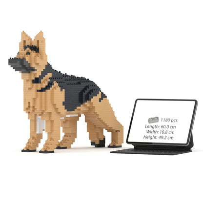 JEKCA German Shepherd 1:1 scale building block sculpture standing next to a 13-inch iPad Pro for size reference.