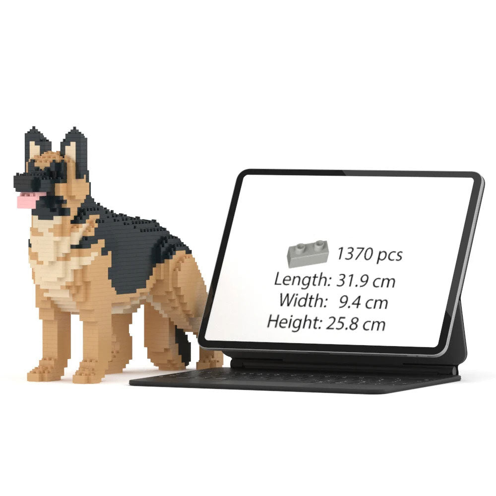 JEKCA German Shepherd 1:1 scale building block sculpture standing next to a 13-inch iPad Pro for size reference.