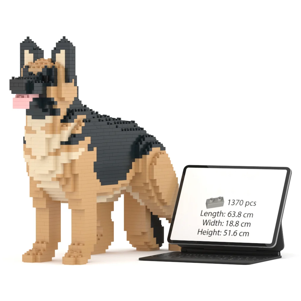 JEKCA German Shepherd 1:1 scale building block sculpture standing next to a 13-inch iPad Pro for size reference.