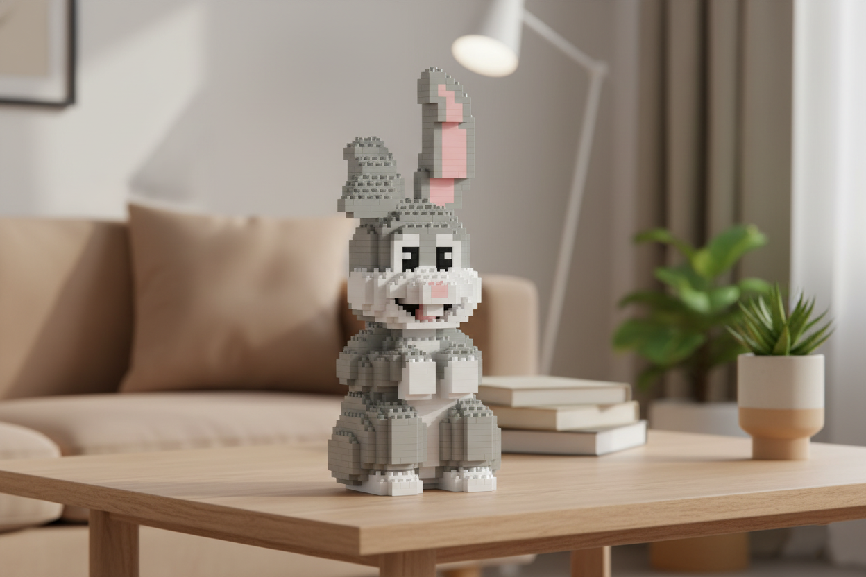 A pixelated gray rabbit figure made of small block-like pieces stands on a light wood table in a softly lit living room. The rabbit has pink inner ears, white paws and feet, and a black-and-white face.