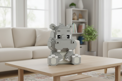 A gray block-built hippo toy sculpture displayed on a light wood coffee table in a bright, modern living room with a beige sofa and shelving in the background.