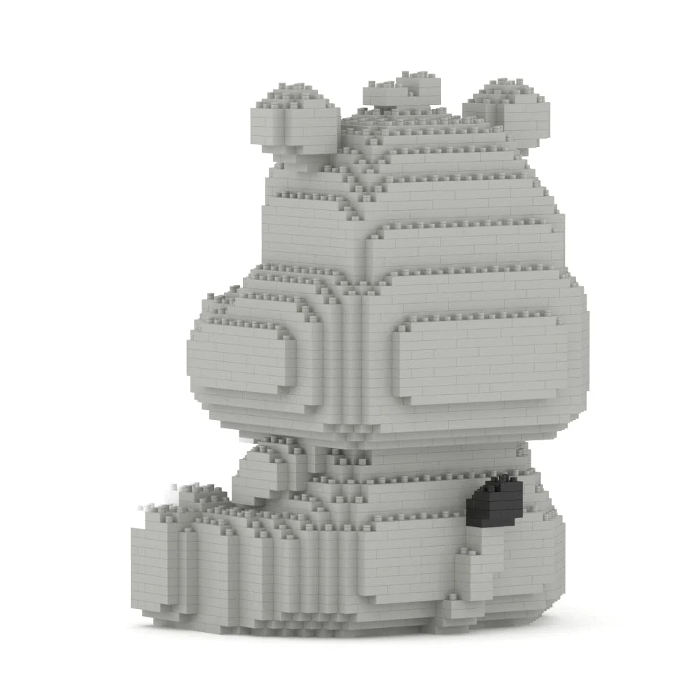 A light gray 3D-printed voxel-style toy building block figure, resembling a stylized hippo, shown on a solid white background.