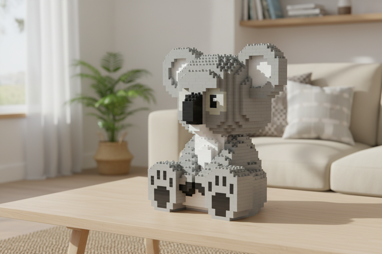 A pixelated gray koala figure made of small building blocks sits on a light wood table in a softly lit living room with a sofa, plant, and curtains in the background.