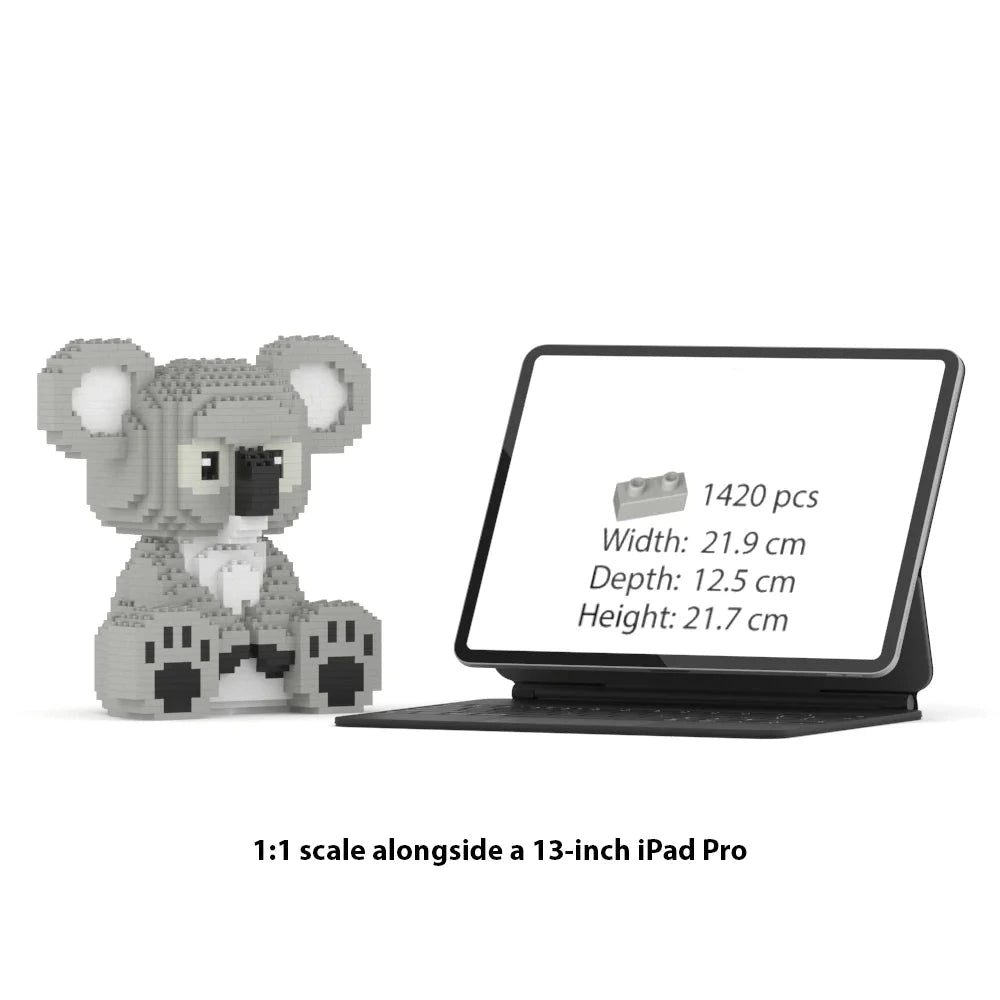 Gray koala toy next to a 13-inch iad Pro tablet displaying product details on a white background and size comparison