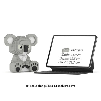 Gray koala toy next to a 13-inch iad Pro tablet displaying product details on a white background and size comparison
