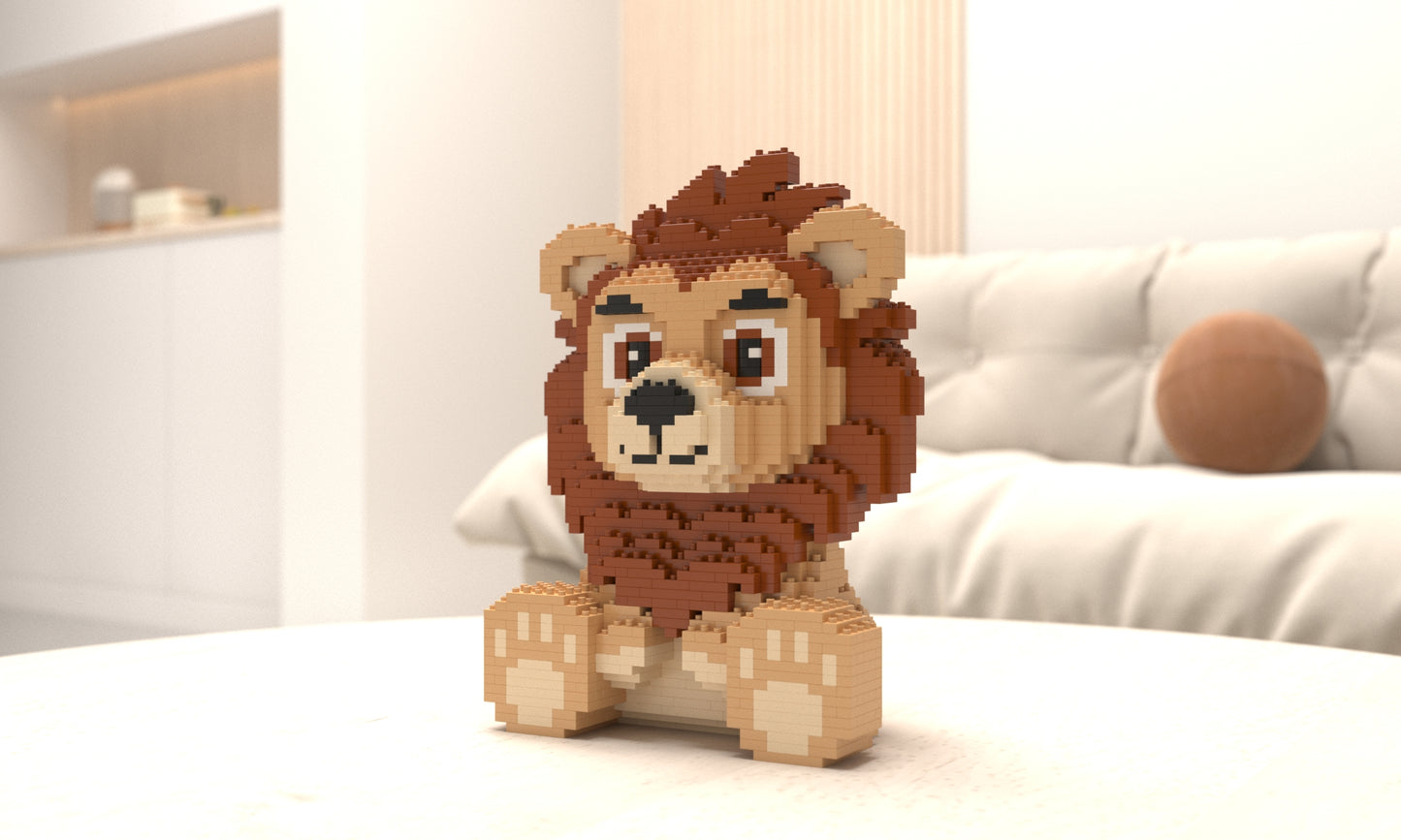 A small pixel-art lion toy made of interlocking blocks sits on a white tabletop in a softly blurred modern living room with a sofa and warm wall paneling in the background.