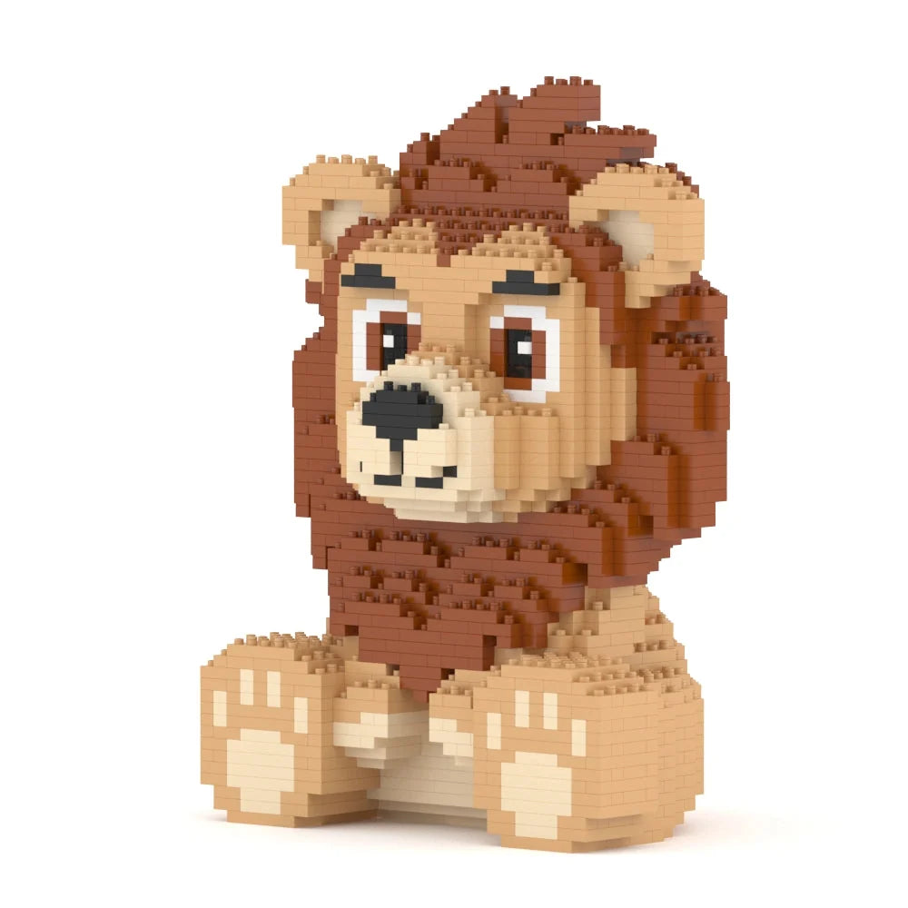 Toy figure of a lion made from interlocking bricks on a white background