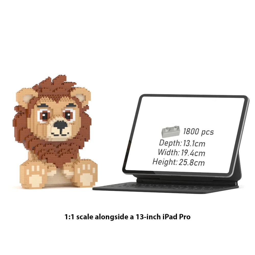 A 1:1 scale lion building block toy shown beside a 13-inch iPad Pro displaying product specs. The lion is made of brown, beige, and black block pieces, and the iPad screen shows the item details.