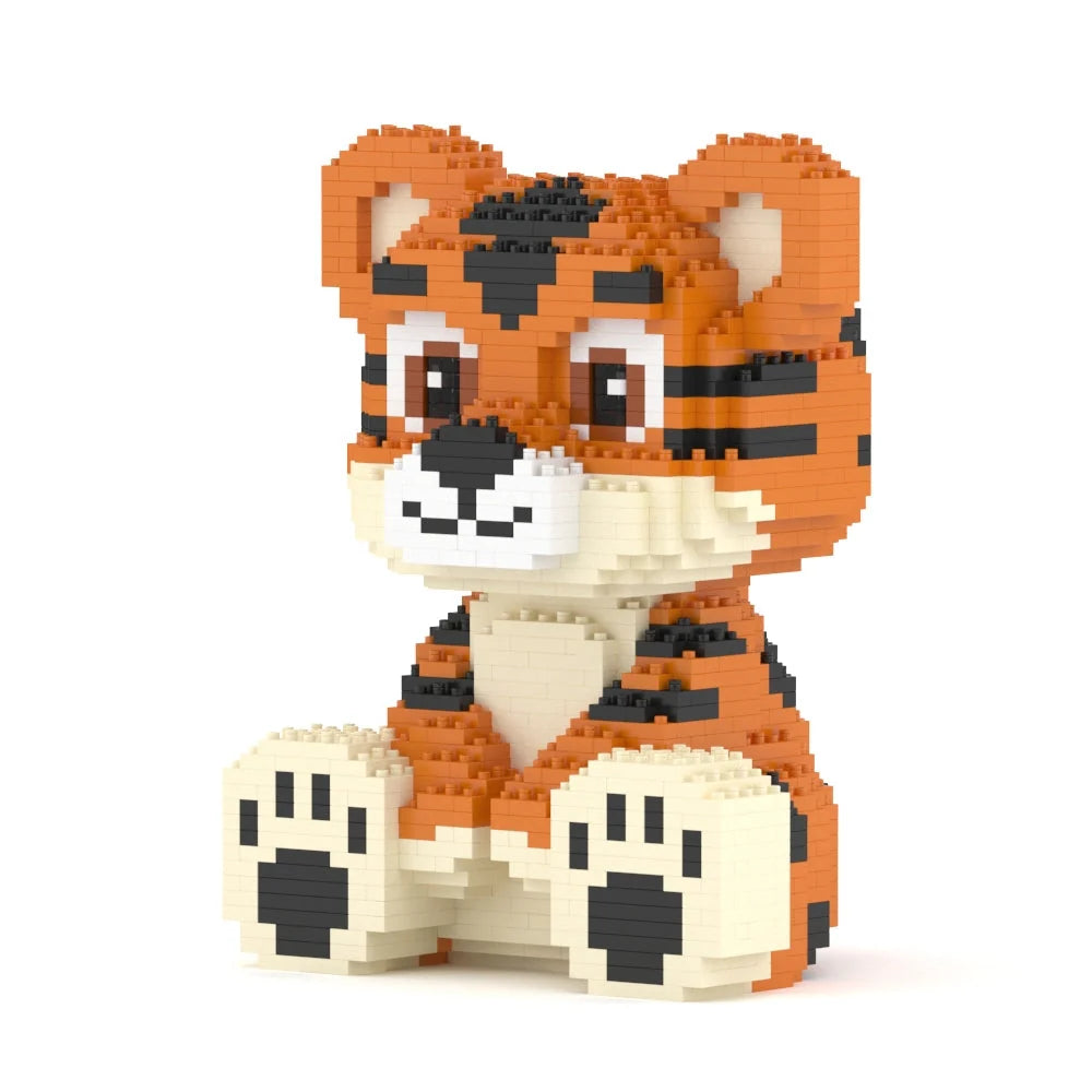 A small block-built tiger toy or figurine made of orange, black, and cream interlocking bricks, shown against a plain white background.