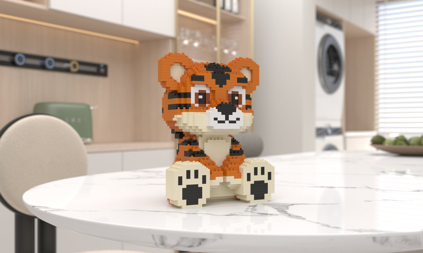 A small tiger-shaped building block toy sits on a white marble table in a modern kitchen setting.