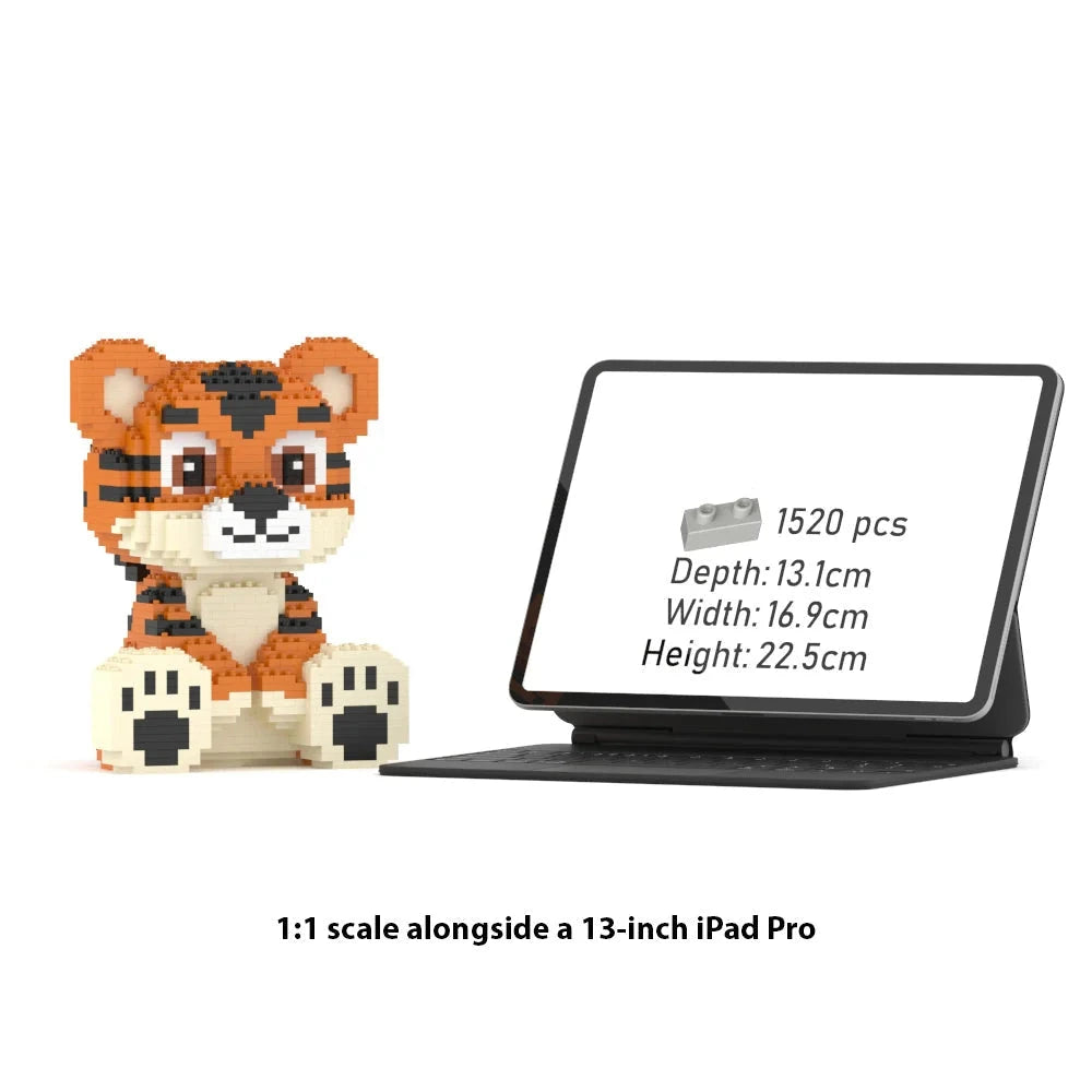 A 1:1 scale brick-built tiger toy shown beside a tablet displaying product specs for the 1520-piece set. Text below reads '1:1 scale alongside a 13-inch iPad Pro.