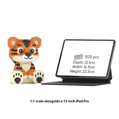 A 1:1 scale brick-built tiger toy shown beside a tablet displaying product specs for the 1520-piece set. Text below reads '1:1 scale alongside a 13-inch iPad Pro.