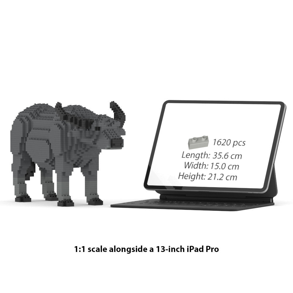 buffalo model next to a tablet displaying product details on a white background.