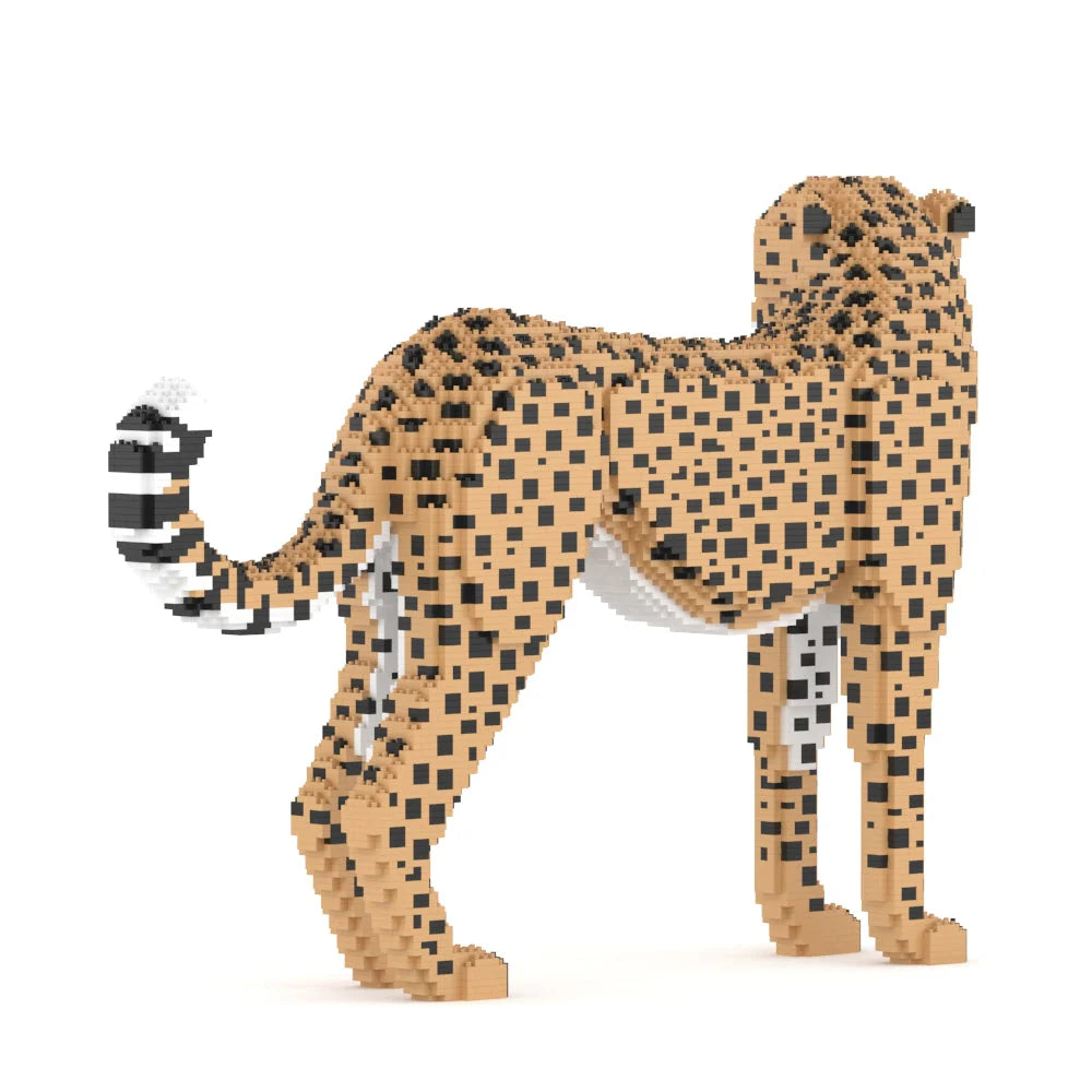 Cheetah figurine made of building blocks on a white background