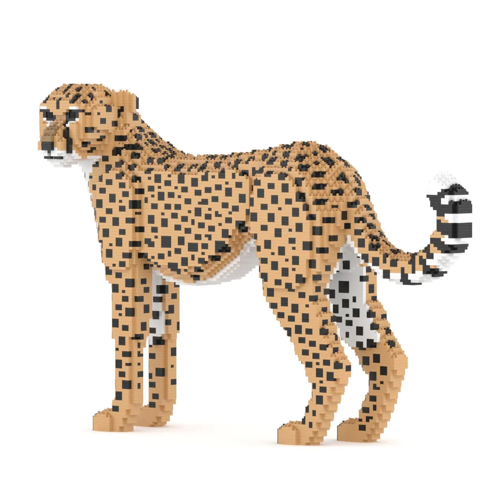 Cheetah figurine made of interlocking blocks on a white background