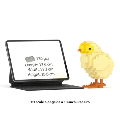 A jekca 1:1 scale brick building toy set shown alongside a 13-inch iPad Pro. The tablet screen displays the piece count of 180, and dimensions.