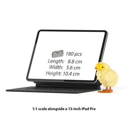 A 1:1 scale LEGO-style brick set shown on a tablet screen alongside a small yellow chick figure, with text reading '1:1 scale alongside a 13-inch iPad Pro.' The tablet displays product info 180 pieces, dimensions, and a small brick icon.