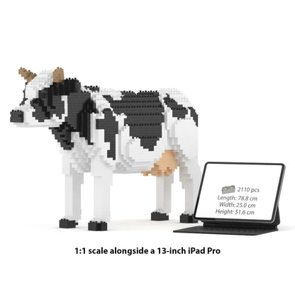 A 1:1 scale black and white pixelated cow building block model stands next to a black iPad Pro displaying product details, on a clean white background with text reading '1:1 scale alongside a 13-inch iPad Pro'.